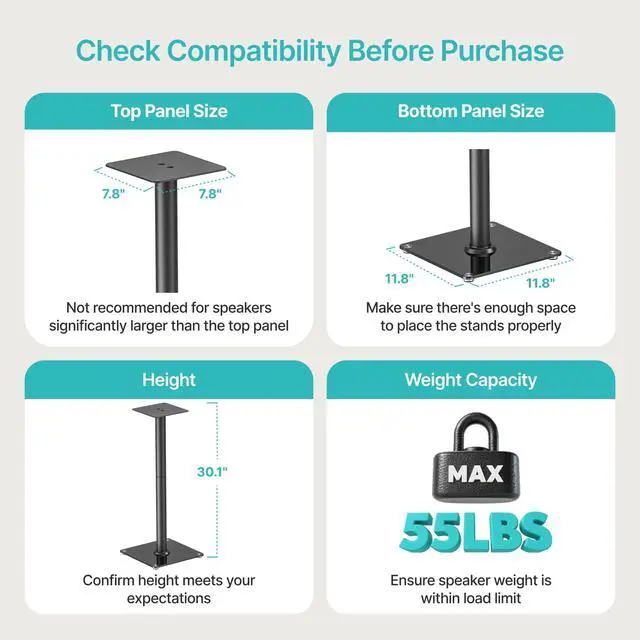 Alt view image 4 of 6 - Speaker Stands Pair, 30" Fixed Height, 55lbs Weight Capacity, Glass Base | 11.8" Base, Cable Management, Freestanding Speaker Floor Stand for Surround Sound, Tempered Glass Base