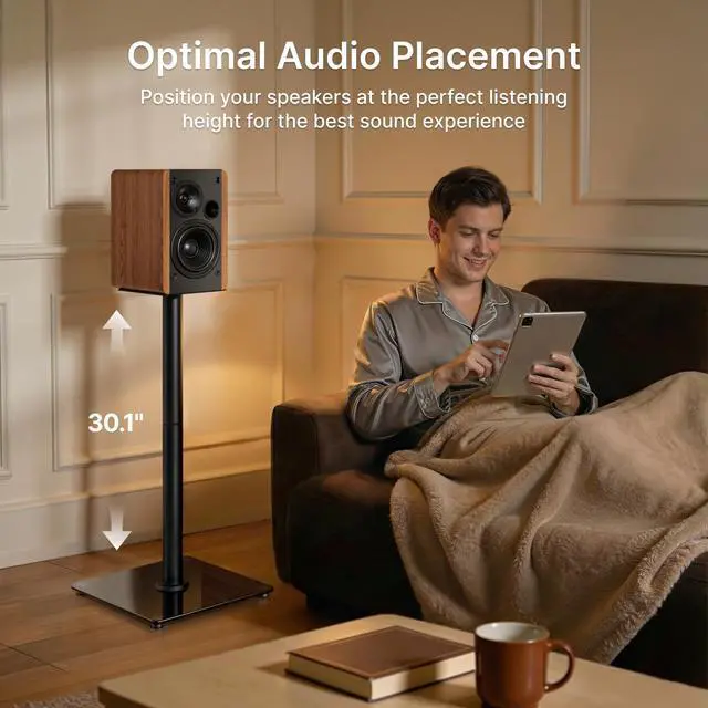 Alt view image 5 of 6 - Speaker Stands Pair, 30" Fixed Height, 55lbs Weight Capacity, Glass Base | 11.8" Base, Cable Management, Freestanding Speaker Floor Stand for Surround Sound, Tempered Glass Base