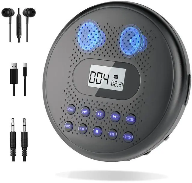 Main image of Portable CD Player with Dual Stereo Speakers, Rechargeable for Car | Discman CD Player with Anti-Skip Protection, Headphones and AUX Cable Backlight Buttons for Home, Travel
