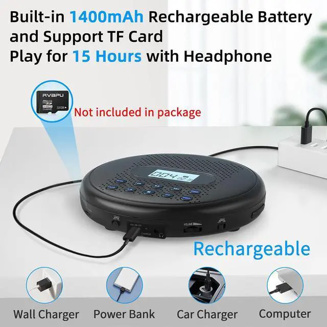 Alt view image 3 of 6 - Portable CD Player with Dual Stereo Speakers, Rechargeable for Car | Discman CD Player with Anti-Skip Protection, Headphones and AUX Cable Backlight Buttons for Home, Travel