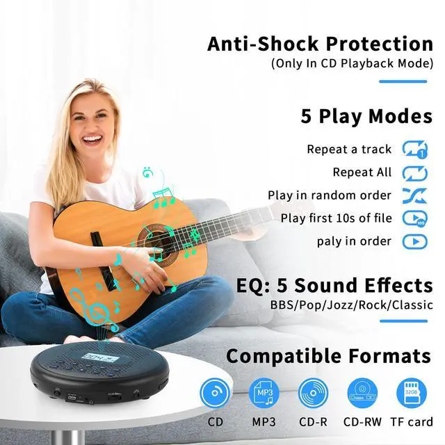 Alt view image 4 of 6 - Portable CD Player with Dual Stereo Speakers, Rechargeable for Car | Discman CD Player with Anti-Skip Protection, Headphones and AUX Cable Backlight Buttons for Home, Travel