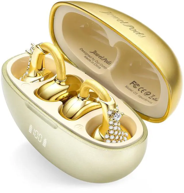 Main image of JewelPods C3 Wireless Bluetooth Earbuds, Jeweled Open-Ear Headphones, Gold | Ultra-Light Memory Wire Clip-On Earrings for All-Day Comfort, 60H Playtime, Sweat & Water Resistant, Premium Sound