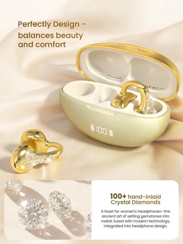 Alt view image 2 of 6 - JewelPods C3 Wireless Bluetooth Earbuds, Jeweled Open-Ear Headphones, Gold | Ultra-Light Memory Wire Clip-On Earrings for All-Day Comfort, 60H Playtime, Sweat & Water Resistant, Premium Sound