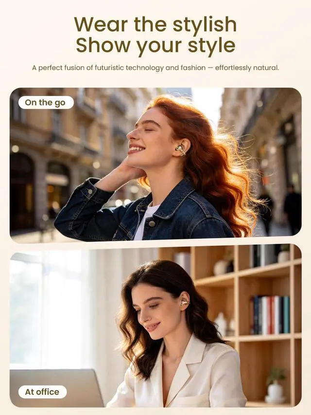 Alt view image 4 of 6 - JewelPods C3 Wireless Bluetooth Earbuds, Jeweled Open-Ear Headphones, Gold | Ultra-Light Memory Wire Clip-On Earrings for All-Day Comfort, 60H Playtime, Sweat & Water Resistant, Premium Sound
