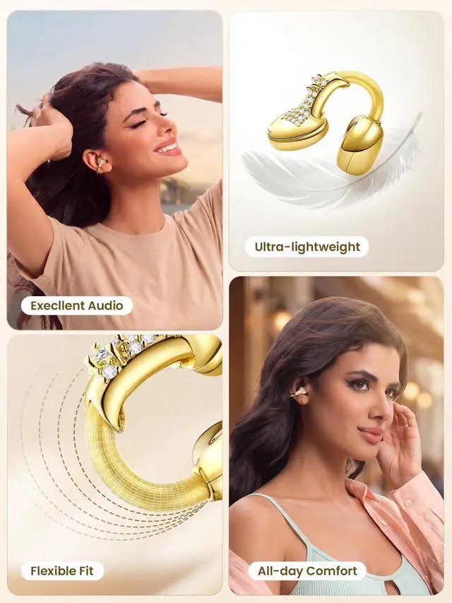 Alt view image 5 of 6 - JewelPods C3 Wireless Bluetooth Earbuds, Jeweled Open-Ear Headphones, Gold | Ultra-Light Memory Wire Clip-On Earrings for All-Day Comfort, 60H Playtime, Sweat & Water Resistant, Premium Sound