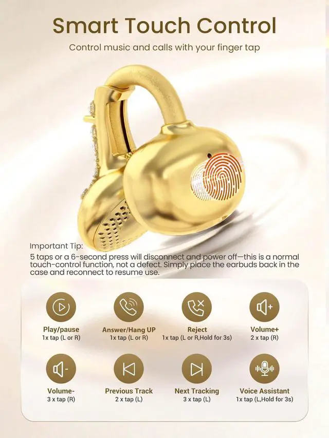 Alt view image 6 of 6 - JewelPods C3 Wireless Bluetooth Earbuds, Jeweled Open-Ear Headphones, Gold | Ultra-Light Memory Wire Clip-On Earrings for All-Day Comfort, 60H Playtime, Sweat & Water Resistant, Premium Sound