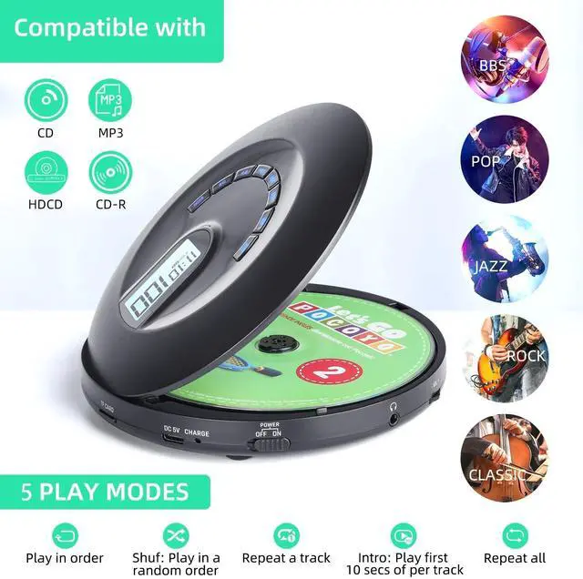 Alt view image 5 of 6 - CD Player Portable with Headphone, Rechargeable, LCD Display, Backlight | Portable CD Player with Headphone Jack, AUX Output, Shockproof for Home Car and Travel