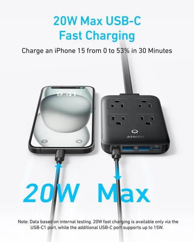 Alt view image 4 of 6 - Charging Station, 20W Max 8-in-1 USB-C Power Strip | 5 ft Thin Cord with 4 AC, 2 USB-A and 2 USB-C for iPhone 15 and MacBook, Fast Charging Desktop Charger for Travel, Office