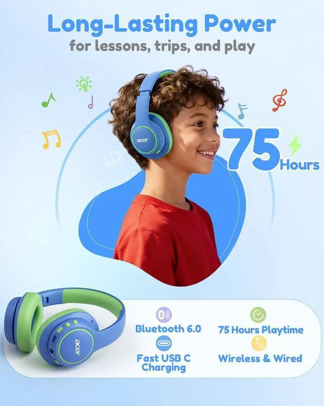 Alt view image 5 of 6 - OHR702 Kids Bluetooth Headphones for School with Built-in Mic,Over-Ear | 75H Playtime, Bluetooth 6.0, 3.5mm Jack Aux Cord, 85dBA Safe Volume, USB-C Fast Charging, for iPad/Travel/Tablet- Blue Green
