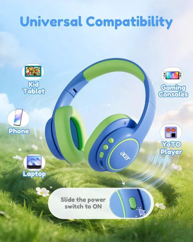 Alt view image 6 of 6 - OHR702 Kids Bluetooth Headphones for School with Built-in Mic,Over-Ear | 75H Playtime, Bluetooth 6.0, 3.5mm Jack Aux Cord, 85dBA Safe Volume, USB-C Fast Charging, for iPad/Travel/Tablet- Blue Green