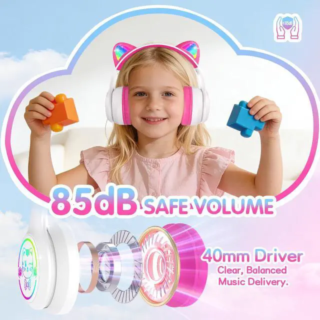 Alt view image 2 of 6 - IFECCO Kids Bluetooth Headphones with Case,Cute LED Light Up Cat Ears | Children Girls Wireless Headphones,for School iPad Tablet Gifts,Volume-limiting,with Mic,for 3-14Years