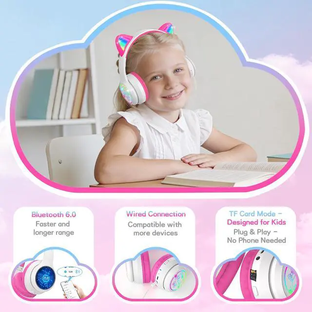Alt view image 3 of 6 - IFECCO Kids Bluetooth Headphones with Case,Cute LED Light Up Cat Ears | Children Girls Wireless Headphones,for School iPad Tablet Gifts,Volume-limiting,with Mic,for 3-14Years