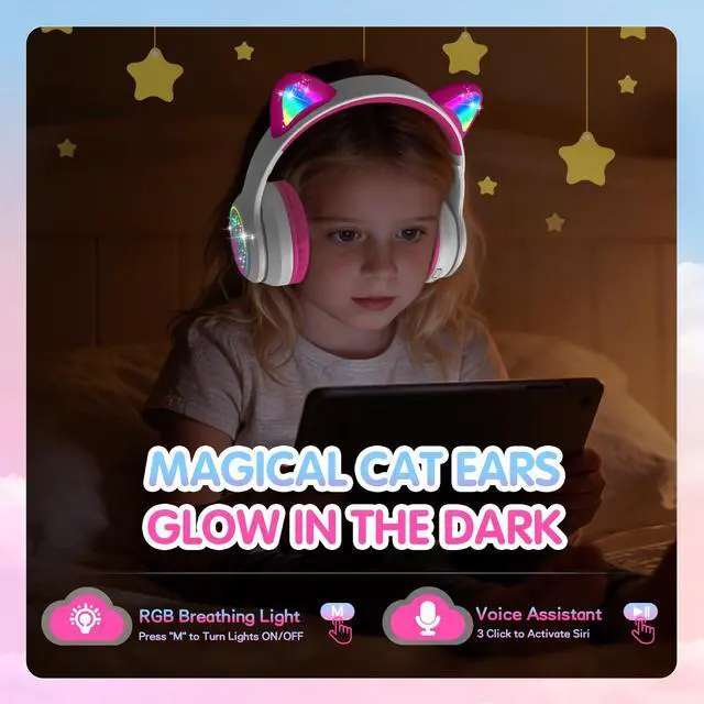 Alt view image 4 of 6 - IFECCO Kids Bluetooth Headphones with Case,Cute LED Light Up Cat Ears | Children Girls Wireless Headphones,for School iPad Tablet Gifts,Volume-limiting,with Mic,for 3-14Years