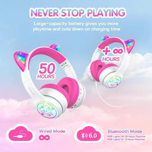 Alt view image 6 of 6 - IFECCO Kids Bluetooth Headphones with Case,Cute LED Light Up Cat Ears | Children Girls Wireless Headphones,for School iPad Tablet Gifts,Volume-limiting,with Mic,for 3-14Years