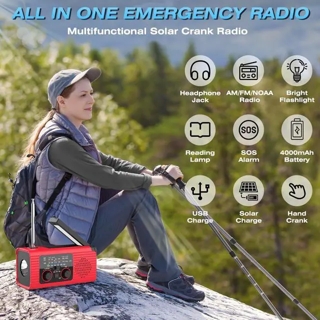 Alt view image 6 of 6 - Emergency Weather Radio, 4000mAh NOAA Weather Radio Solar Charging | Hand Crank Radio & USB Charged, Radios Portable Am Fm with LED Flashlight, Reading Lamp, SOS Alarm for Emergency Situation
