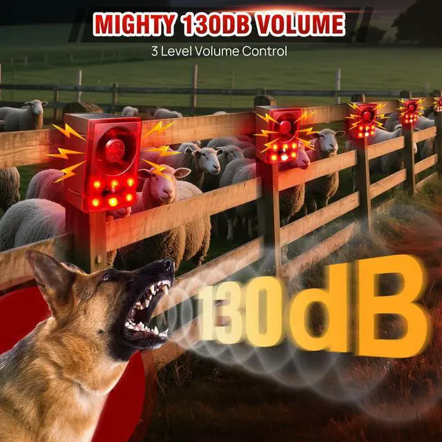 Alt view image 2 of 6 - Solar Outdoor Motion Sensor Alarm, Dog Barking&Gunshot Sound,130db Loud | Support Recording,13 Kinds of Sound and Strobe Light to Deter Raccoons, Deer, Skunks, Bears, and Coyotes (2 Pack)
