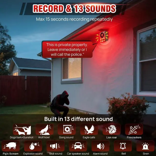 Alt view image 4 of 6 - Solar Outdoor Motion Sensor Alarm, Dog Barking&Gunshot Sound,130db Loud | Support Recording,13 Kinds of Sound and Strobe Light to Deter Raccoons, Deer, Skunks, Bears, and Coyotes (2 Pack)