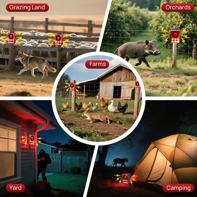 Alt view image 5 of 6 - Solar Outdoor Motion Sensor Alarm, Dog Barking&Gunshot Sound,130db Loud | Support Recording,13 Kinds of Sound and Strobe Light to Deter Raccoons, Deer, Skunks, Bears, and Coyotes (2 Pack)