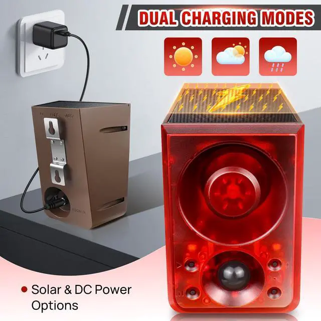Alt view image 6 of 6 - Solar Outdoor Motion Sensor Alarm, Dog Barking&Gunshot Sound,130db Loud | Support Recording,13 Kinds of Sound and Strobe Light to Deter Raccoons, Deer, Skunks, Bears, and Coyotes (2 Pack)