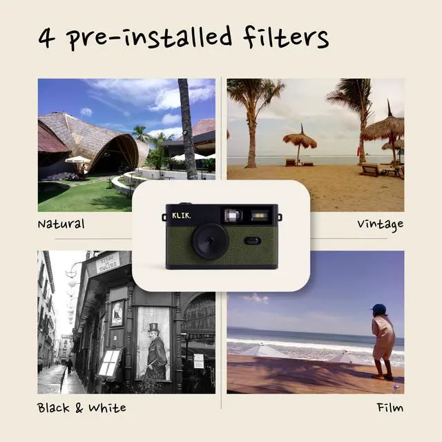 Alt view image 2 of 6 - Klik Screen-Free Digital Camera | Stay Present & Capture Vintage Retro-Style Photos | 8MP, 3 Film-Style Filters, 500 Shots Per Charge, Built-in Flash, USB-C Photo Transfer, Rechargeable (Green)
