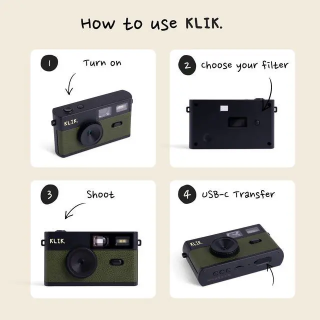 Alt view image 5 of 6 - Klik Screen-Free Digital Camera | Stay Present & Capture Vintage Retro-Style Photos | 8MP, 3 Film-Style Filters, 500 Shots Per Charge, Built-in Flash, USB-C Photo Transfer, Rechargeable (Green)