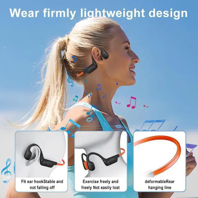 Alt view image 5 of 6 - Bone Conduction Headphones, Open Ear Bluetooth 5.4 Headset with Mic | 15H Playback, IPX6 Sweatproof, Lightweight Open-Ear Fit for Running, Cycling, Walking & Outdoor Use (Orange)