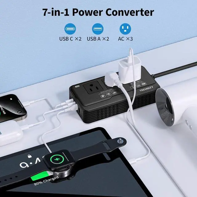 Alt view image 3 of 6 - 2000W Voltage Converter US to Europe for Hair Dryers, 7-in-1 220V to 110V Converter for European Travel with 3 AC/2 USBA/2 USBC Ports, Power Converter Adapter Combo with Type G/C/I/L Plugs