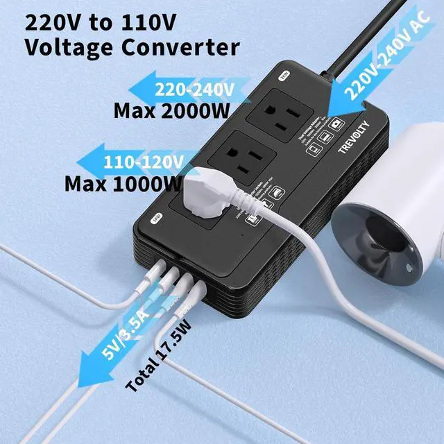 Alt view image 4 of 6 - 2000W Voltage Converter US to Europe for Hair Dryers, 7-in-1 220V to 110V Converter for European Travel with 3 AC/2 USBA/2 USBC Ports, Power Converter Adapter Combo with Type G/C/I/L Plugs