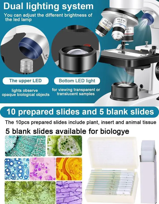 Alt view image 6 of 6 - Microscope for Adults WF10x and WF25x eyepieces, 40X-2000X Magnification USB Camera, Microscope for Adults Suitable for Laboratory School Home Education(White Microscope)