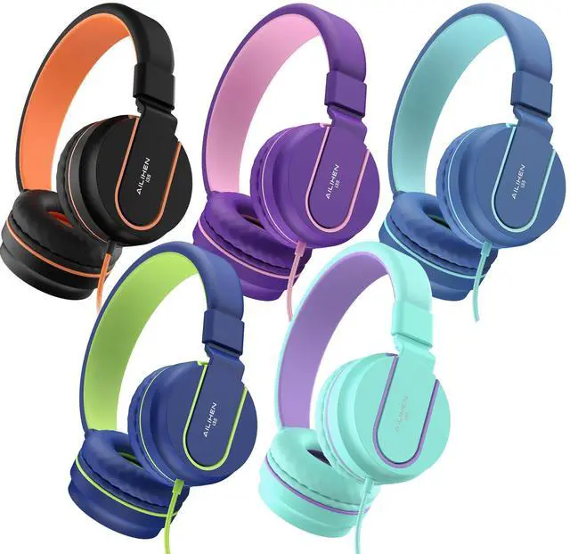 Main image of Kids Headphones Bulk 5-Pack for School Classroom with Mic, 93dB | Volume Limited K-12 On-Ear Durable Headset for Everyday Students Children, 3.5mm Jack for Chromebooks Tablets Laptop Computer