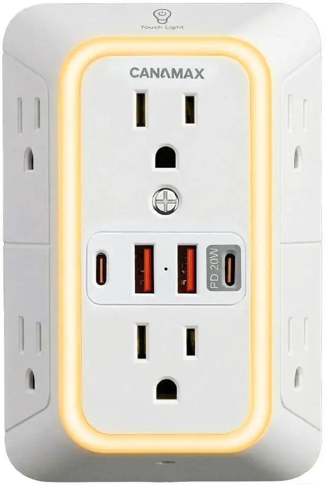 Main image of Multi Plug Wall Outlet Extender - 6 Outlet Splitter & 4 USB Ports with 20W PD USB-C Fast Charging, Smart Night Light, 3-Sided 1050J Surge Protector Power Strip for Home, Office, Dorm Room Essentials