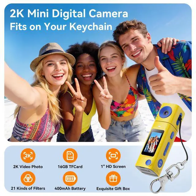 Alt view image 2 of 6 - Mini Keychain Digital Camera:2K Digital Mini Camera with 16GB Card,Vintage Keychain Video Camera, 1" HD LCD Display, 400mAh Battery Portable Small Cameras with Elegant Gift Box