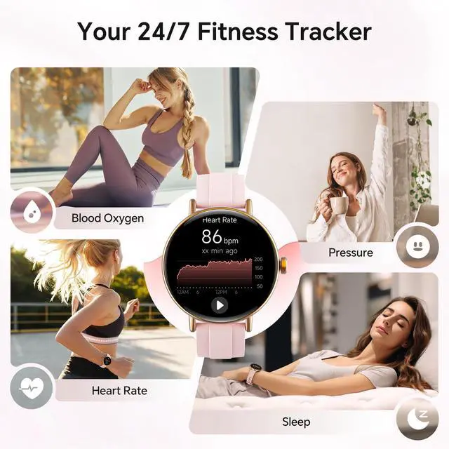 Alt view image 3 of 6 - Smart Watch for Women, 40mm Fitness Tracker with Answer & Make Call | Compatible iPhone/Android/Samsung, 101+ Sports Modes, Heart Rate/SpO2/Stress/Sleep/Period Monitor, 2 Bands, IP68, Pink