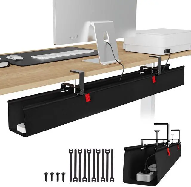 Main image of Extra Large No Drill Under Desk Cable Management Tray 48 in, Black | Clamp/Screw Mount, Supports Up to 70lbs, Fabric Wire Management Cable Raceways, Cord Hiders, Cord Management for Office/Home