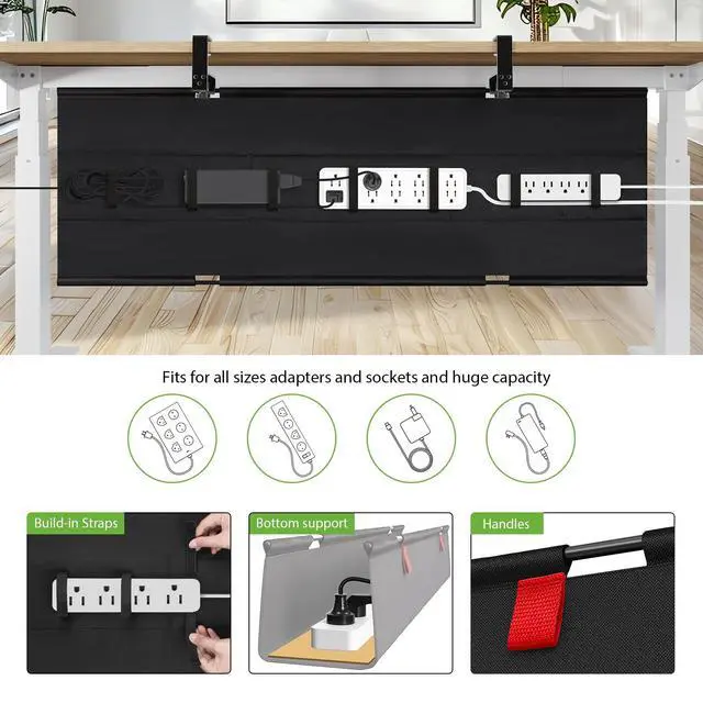 Alt view image 2 of 6 - Extra Large No Drill Under Desk Cable Management Tray 48 in, Black | Clamp/Screw Mount, Supports Up to 70lbs, Fabric Wire Management Cable Raceways, Cord Hiders, Cord Management for Office/Home