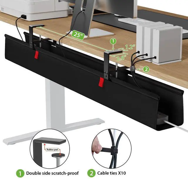 Alt view image 3 of 6 - Extra Large No Drill Under Desk Cable Management Tray 48 in, Black | Clamp/Screw Mount, Supports Up to 70lbs, Fabric Wire Management Cable Raceways, Cord Hiders, Cord Management for Office/Home