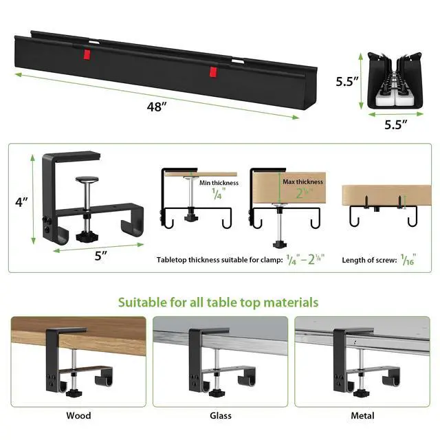 Alt view image 4 of 6 - Extra Large No Drill Under Desk Cable Management Tray 48 in, Black | Clamp/Screw Mount, Supports Up to 70lbs, Fabric Wire Management Cable Raceways, Cord Hiders, Cord Management for Office/Home