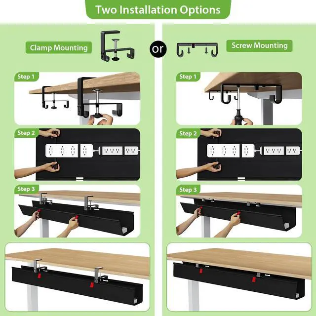 Alt view image 6 of 6 - Extra Large No Drill Under Desk Cable Management Tray 48 in, Black | Clamp/Screw Mount, Supports Up to 70lbs, Fabric Wire Management Cable Raceways, Cord Hiders, Cord Management for Office/Home
