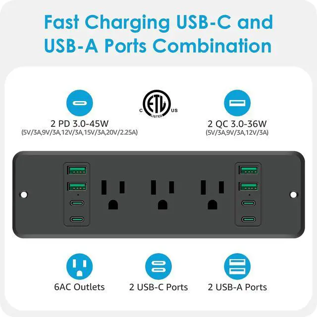 Alt view image 2 of 6 - 6 Outlets Recessed Power Strip, 45W USB C Ports, Black, 6FT, 2 | For Offer, Furniture, Desk Organizer Gaming Accessorie Flush Mount, Home Essentials, Plug Extender, Flat Extension Cord