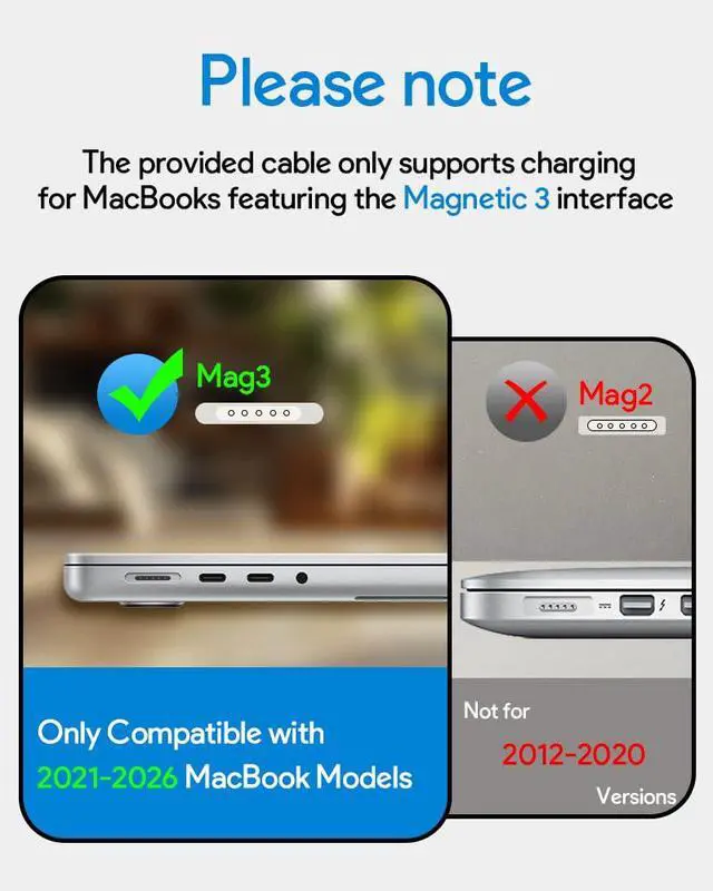 Alt view image 2 of 6 - Mac Book Pro Charger - USB C to Magnetic 3 Charger for Mac pro 14-16inch 2021 2023 2024 2025 2026 M1 M2 M3 M4 M5, Mac Air 13-15inch 2022 2023 2024 2025 2026 M2 M3 M4 M5, Include 6.6ft Charge Cable