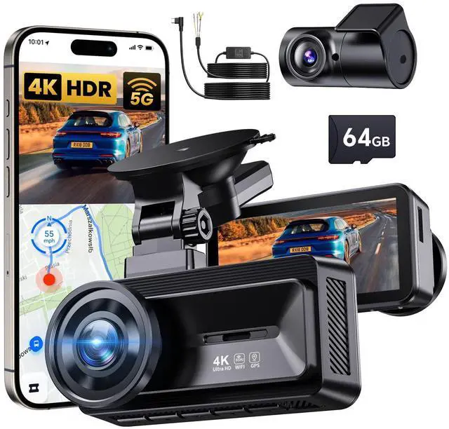 Main image of Dash Cam Front Rear - 4K STARVIS Sensor Dashcam,Free 64GB Card, Built-in 5G WiFi/GPS, Dual Dash Camera for Cars with 3" IPS Screen,HDR/WDR Night Vision, App Control, 24H Parking Mode
