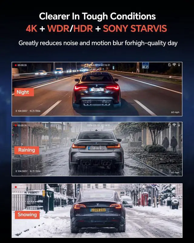 Alt view image 4 of 6 - Dash Cam Front Rear - 4K STARVIS Sensor Dashcam,Free 64GB Card, Built-in 5G WiFi/GPS, Dual Dash Camera for Cars with 3" IPS Screen,HDR/WDR Night Vision, App Control, 24H Parking Mode