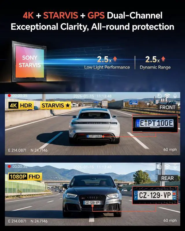 Alt view image 5 of 6 - Dash Cam Front Rear - 4K STARVIS Sensor Dashcam,Free 64GB Card, Built-in 5G WiFi/GPS, Dual Dash Camera for Cars with 3" IPS Screen,HDR/WDR Night Vision, App Control, 24H Parking Mode