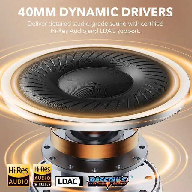 Alt view image 4 of 6 - Active Noise Cancelling Headphones for Airplane Travel, LDAC Hi-Res Audio, Wired and Wireless ANC Headphones, 100H Playtime Over Ear Headphones, Custom EQ via App, Bluetooth 6.0 Headset for All