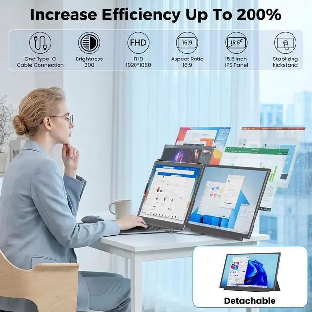 Alt view image 2 of 6 - Laptop Screen Extender, FHD 1080P Laptop Monitor Extender Dual Screen, 15.6 Detachable Portable Monitor for Laptops 13-17" with USB-C/HDMI Port, Plug n Play for Windows/Mac/Android/Switch/PS5