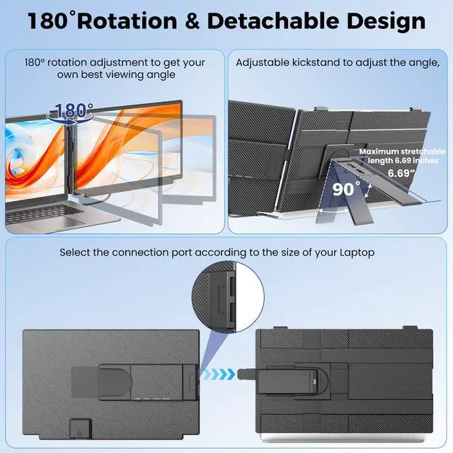 Alt view image 5 of 6 - Laptop Screen Extender, FHD 1080P Laptop Monitor Extender Dual Screen, 15.6 Detachable Portable Monitor for Laptops 13-17" with USB-C/HDMI Port, Plug n Play for Windows/Mac/Android/Switch/PS5