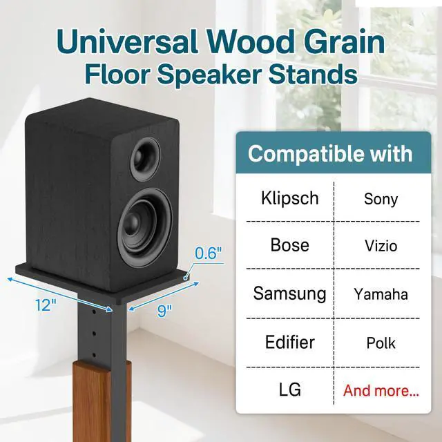 Alt view image 2 of 6 - Height Adjustable Speaker Stands Pair with Most Satellite, Studio, Bookshelf Speakers - Wood Grain Floor Speaker Stands for Klipsch, Edifier, JBL Bookshelf Speaker Stands Holds 50Lbs with Cable Clips
