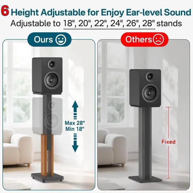 Alt view image 3 of 6 - Height Adjustable Speaker Stands Pair with Most Satellite, Studio, Bookshelf Speakers - Wood Grain Floor Speaker Stands for Klipsch, Edifier, JBL Bookshelf Speaker Stands Holds 50Lbs with Cable Clips