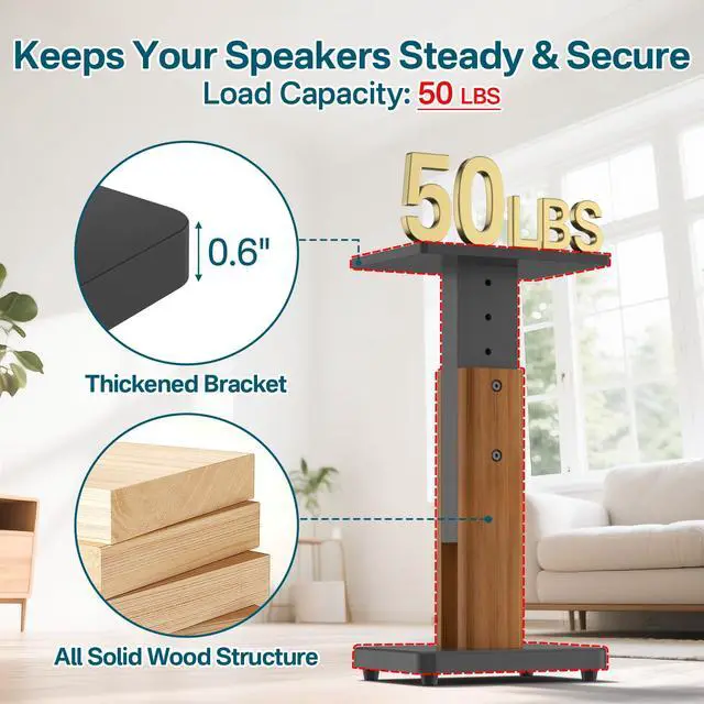 Alt view image 4 of 6 - Height Adjustable Speaker Stands Pair with Most Satellite, Studio, Bookshelf Speakers - Wood Grain Floor Speaker Stands for Klipsch, Edifier, JBL Bookshelf Speaker Stands Holds 50Lbs with Cable Clips