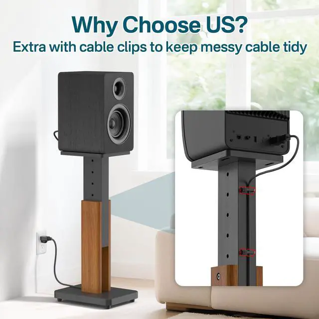 Alt view image 5 of 6 - Height Adjustable Speaker Stands Pair with Most Satellite, Studio, Bookshelf Speakers - Wood Grain Floor Speaker Stands for Klipsch, Edifier, JBL Bookshelf Speaker Stands Holds 50Lbs with Cable Clips